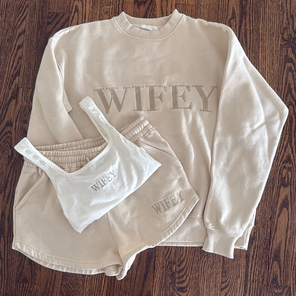 Six Stories Wifey Statement Sweatshirt, Shorts, Bodysuit